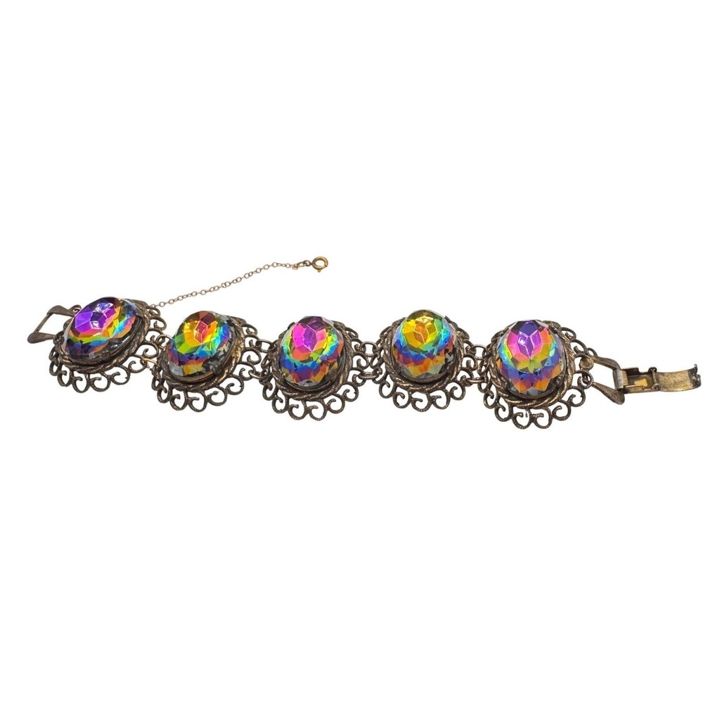 Vintage Watermelon Brass Filigree Statement Link Bracelet with safety chain